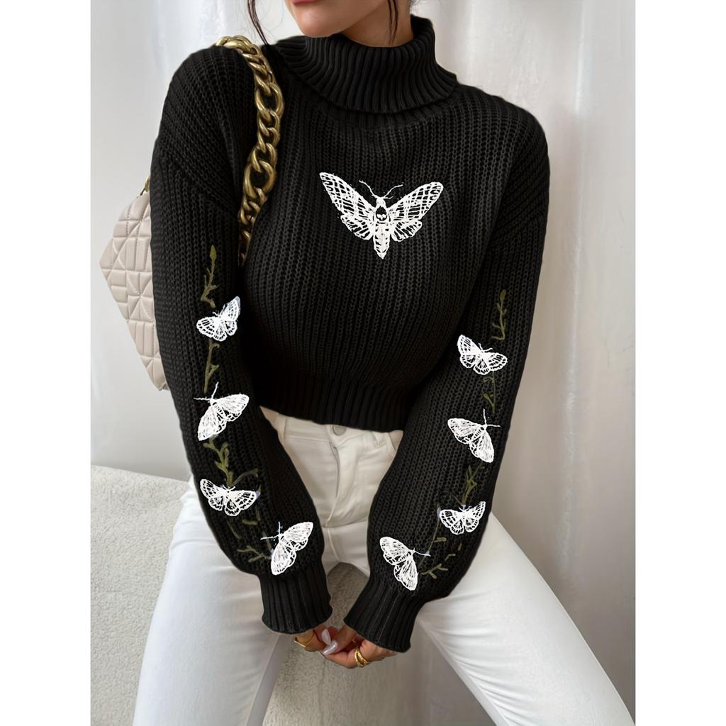 Butterfly Pattern Turtle Neck Pullover Sweater, Casual Long Sleeve Crop Sweater, Women's Clothing