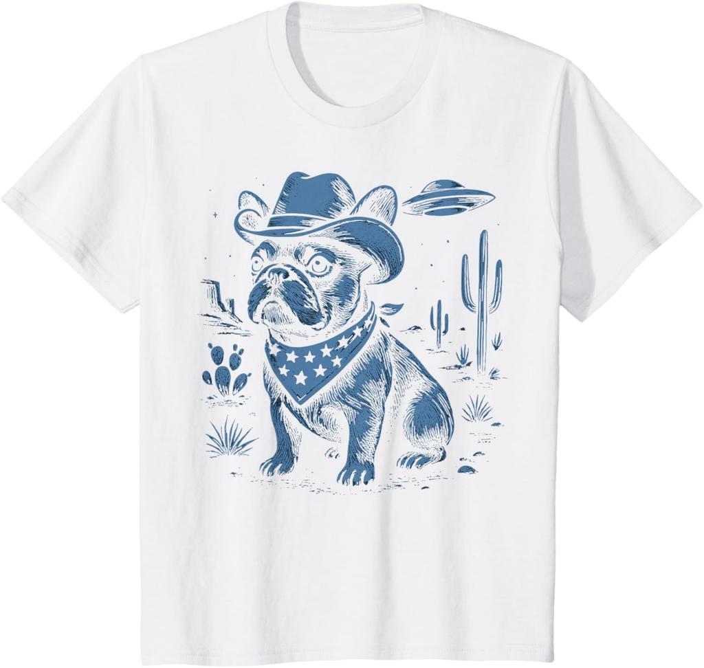 French Bulldog Cowboy UFO T-Shirt Custom Printed Graphic T Shirts Summer Streetwear Tops Camiseta Hombre Unisex