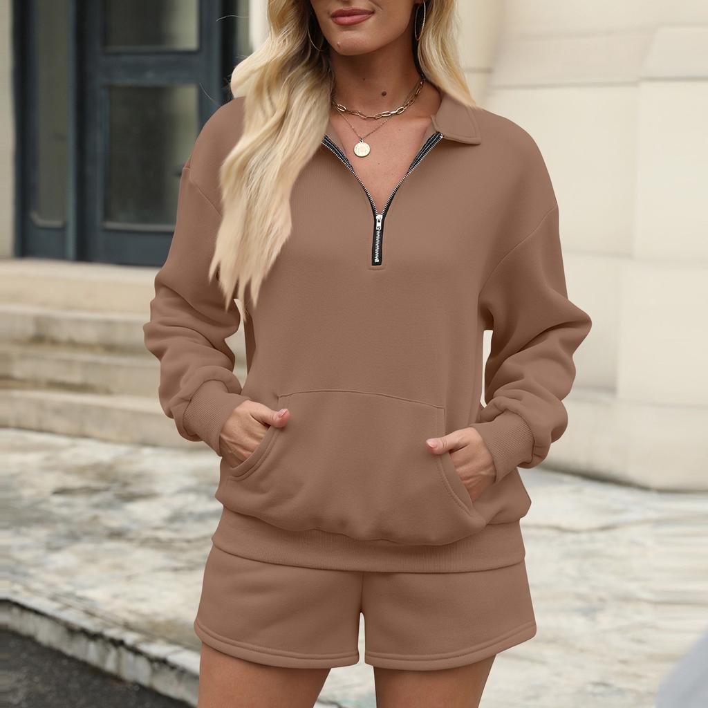 Женский однотонный свитер с воротником-стойкой и застежкой-молнией, длинный рукав, спортивные шорты, домашняя пижама