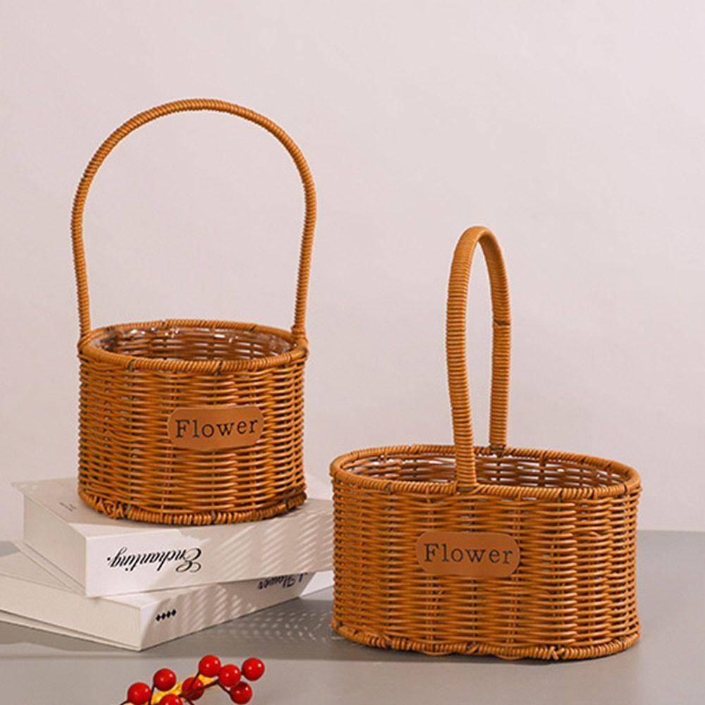 Brown Handhold Weaving Basket with Handle Hanging Basket Creative Flower Basket