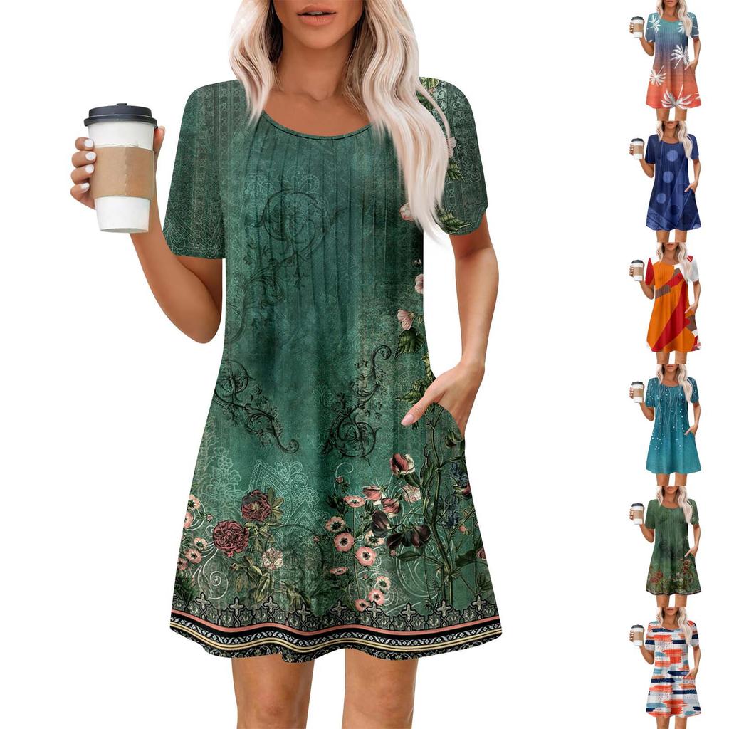 Women's Summer Dress Loose Beach Vacation Casual Round Neck Short Sleeve Sundress With Pocket Short Sleeve Shirt Dress