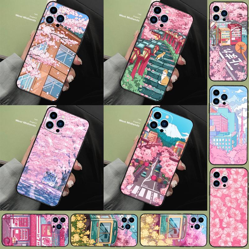 Токио Сакура вишневый цвет пейзаж Чехол Case Для iPhone 16 15 14 Pro Max 11 12 13 Pro Max Mini XR 16 15 Plus 16e Чехол для телефона