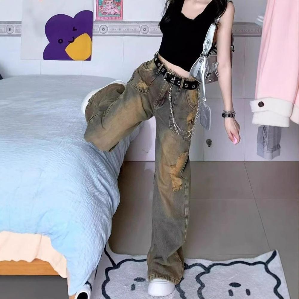 Дизайн с эффектом стирки, нишевые джинсы с рваными коленями, женские свободные джинсы большого размера прямого кроя, длинные джинсы с широкими штанинами, волочащиеся по полу, джинсы для женщин, длинные джинсовые брюки
