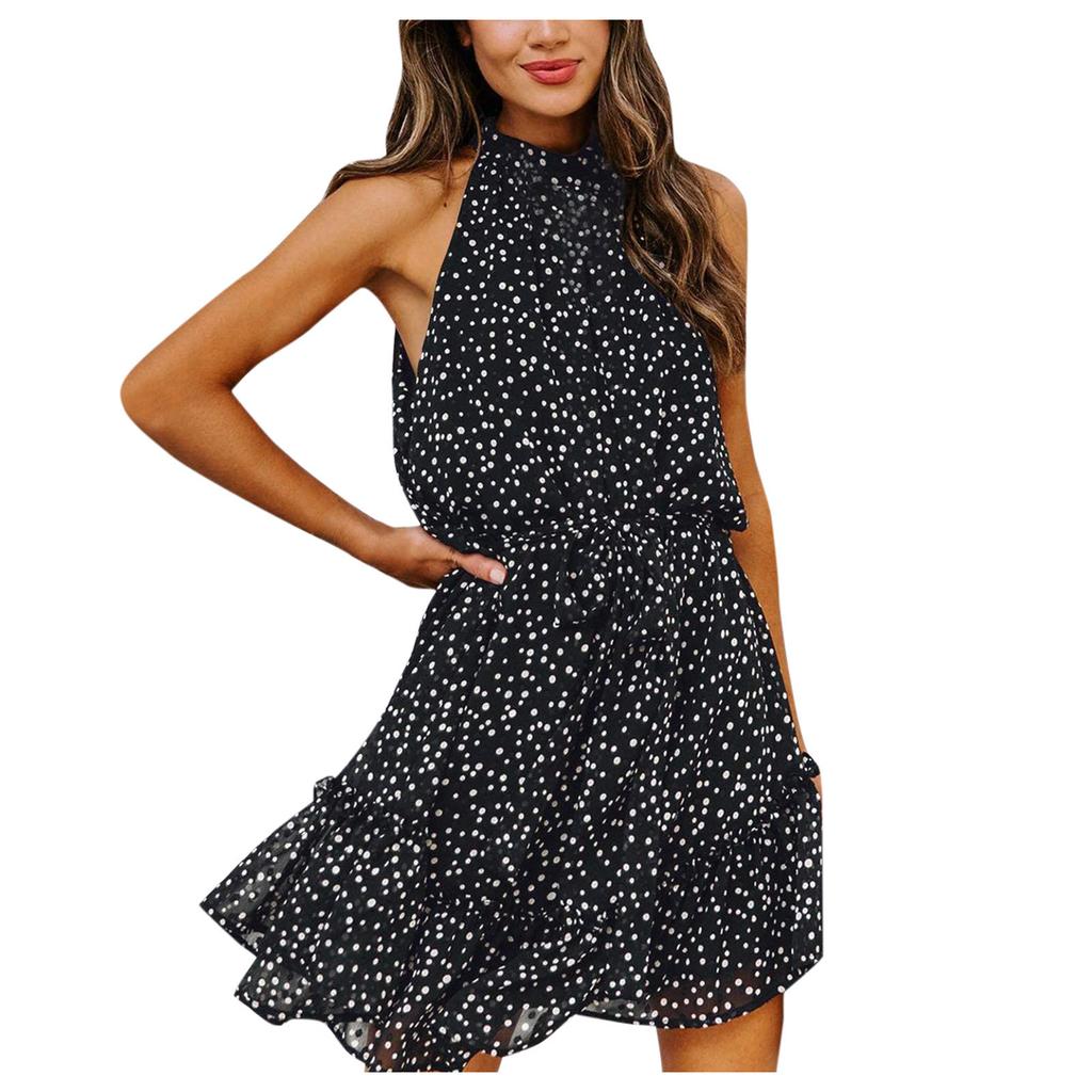 Women's Fashion Sleeveless Neck Tie Waist Floral Print Chiffon Dress