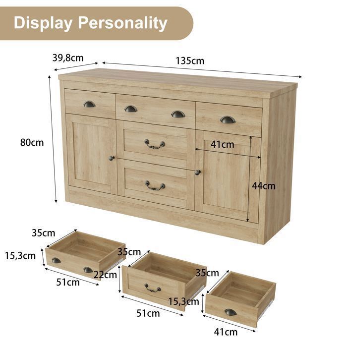 Buffet en bois 135 x 39 x 80 cm - 5 tiroirs, 2 portes, plateau spacieux, style scandinave