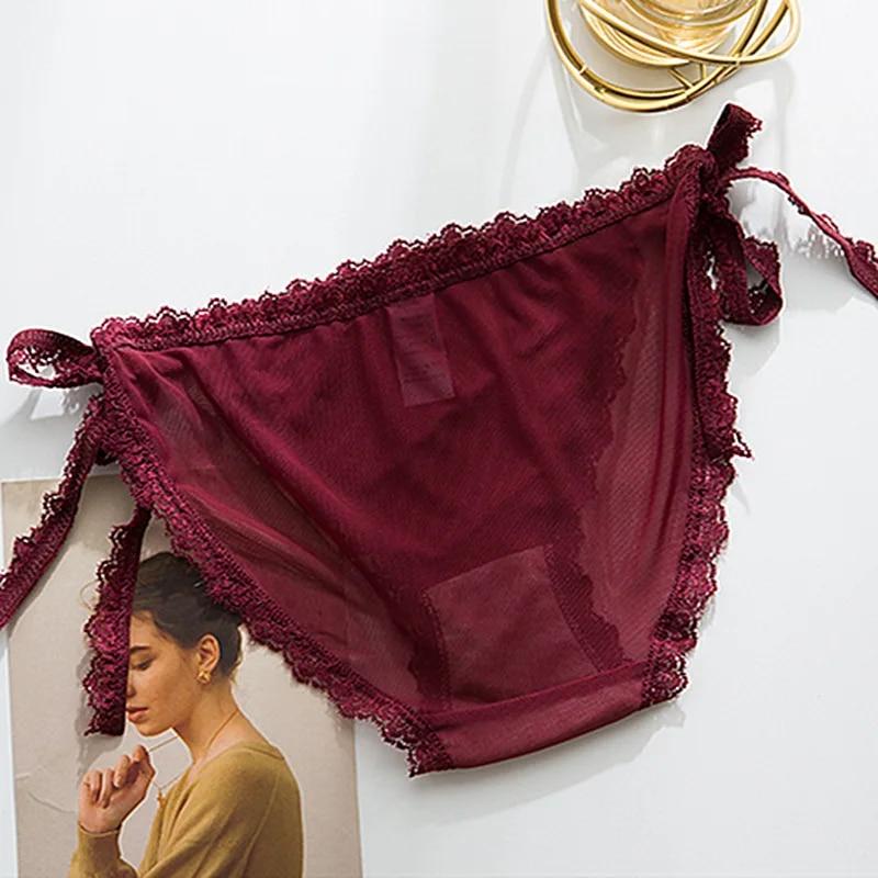 Solid Ruffle Lace Mesh Seamless Panties For Women Hollow Out Transparent Sexy Underwear Briefs Female Lingerie Thongs