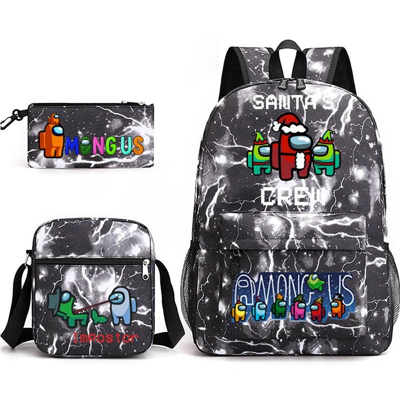 Among Us Cartoon Print Backpack Set Students 3-Piece Canvas School Travel Bag Street Style 20-35L Capacity