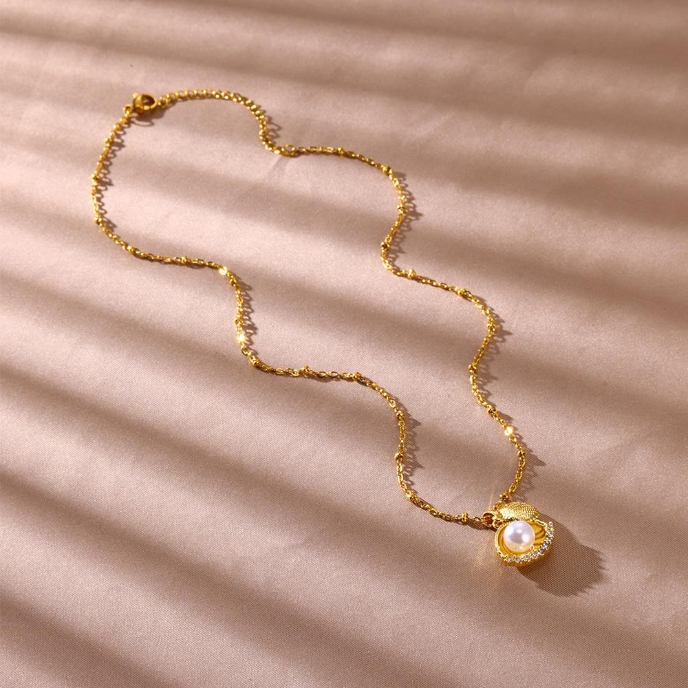Zircon Shell Necklace For Women Gold Color Imitation Pearl Seashell Pendant Necklaces Aesthetic Wedding Jewelry Gift