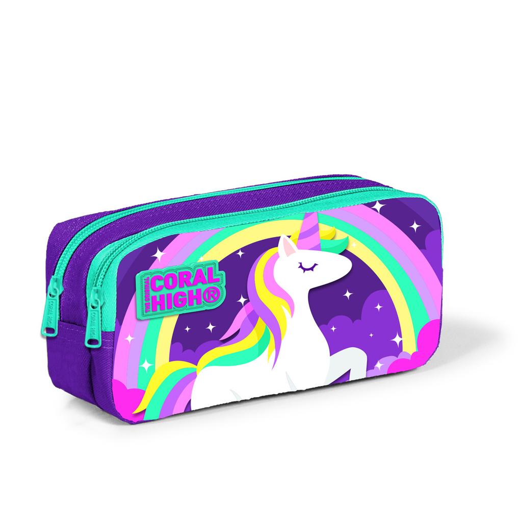 coral high Kids Purple Water Green Unicorn Patterned Two Compartment Pencil Bag 22294