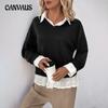 Fall Women's Casual Tops Lapel Patchwork Long Sleeve Pullover Sweatshirt