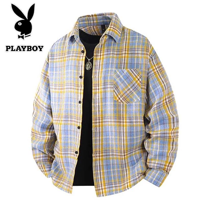PLAYBOY Мужская клетчатая повседневная рубашка с длинным рукавом