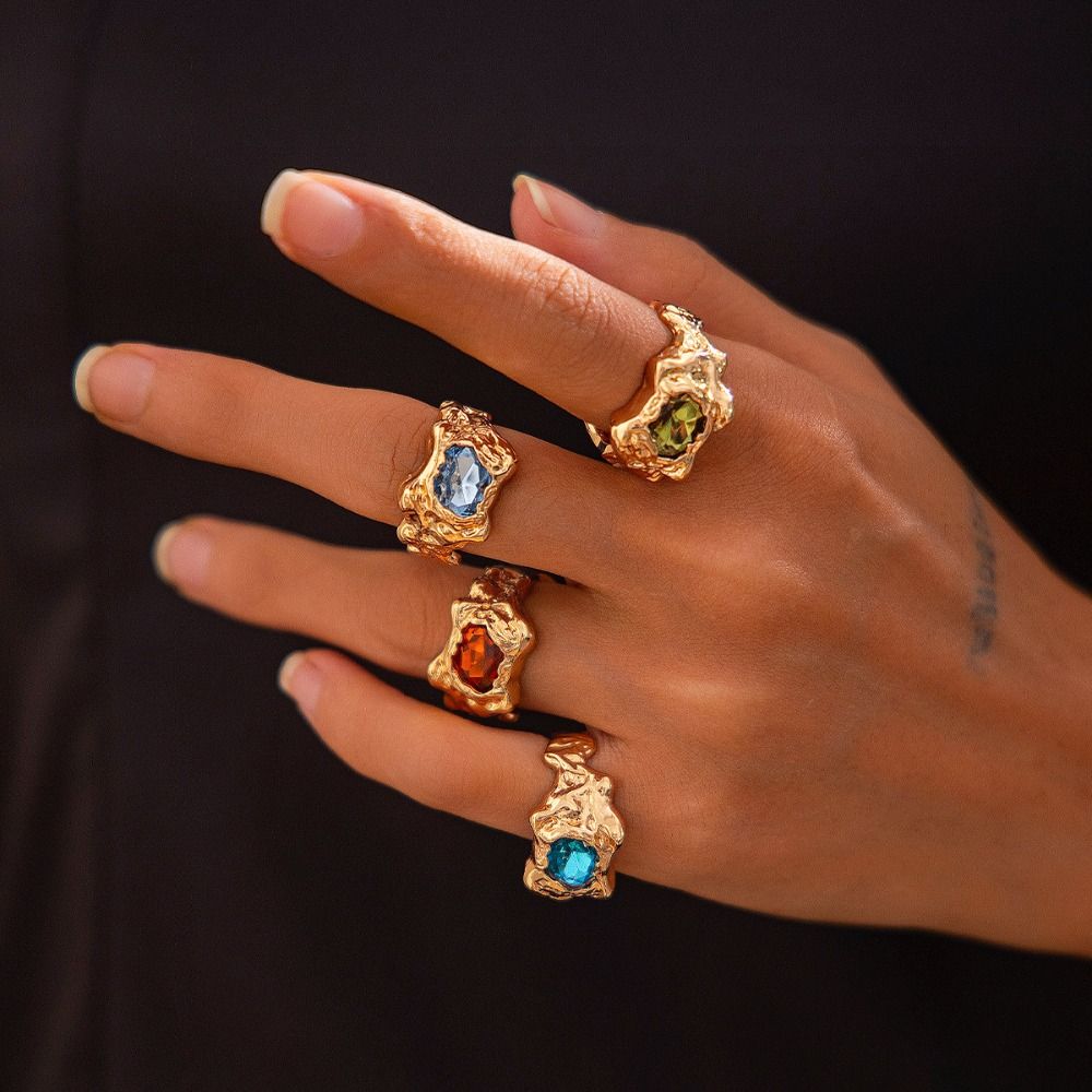4Pcs Gold Silver Colored Gemstone Rings Irregular Exaggerate Rings Rhinestone Open Ring  Women