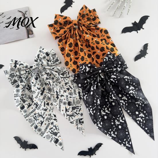 Hair Clip with Halloween Prints Bow Spring Clips for Women, Pumpkin Skeleton Ghost Hand Printed Comfortable Hairpin Fabric Barrettes, Cute Horror