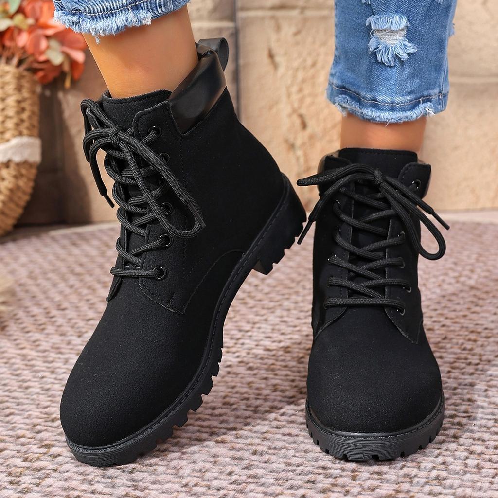 Women's Martin Boots Fashion Color-blocked Boots Front Lace-up Plus Size British Leather Boots Women