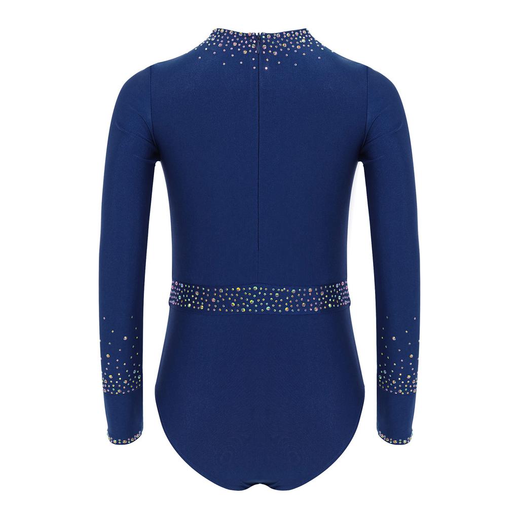 Девочки Блестящие Стразы Длинный Рукав Задняя Невидимая Молния Вырез спереди Гимнастический Купальник Сценический Боди