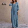 Long Sleeve Dresses Bohemian Ruffle V-Neck Dress, 3/4 Sleeves Maxi Dress for Loose Fit Women, Solid Color Casual Spring Fall Wear