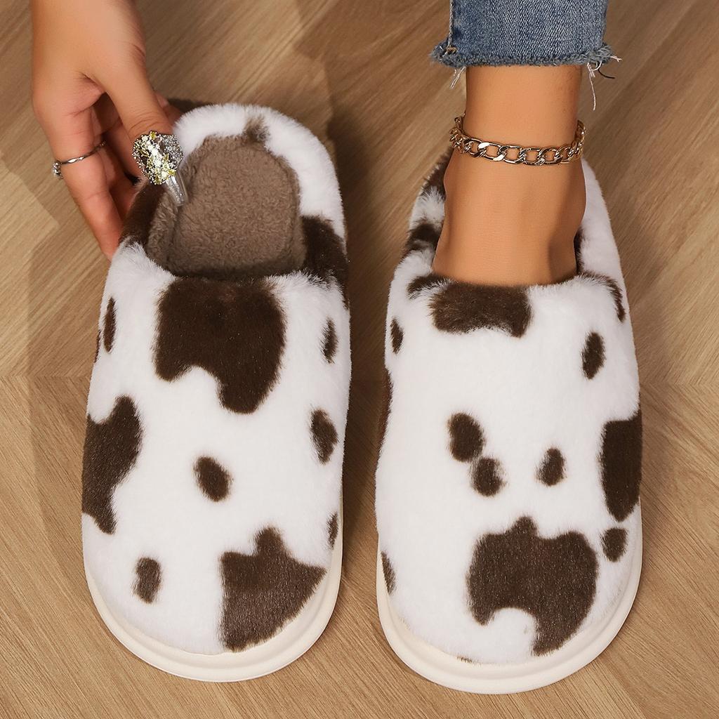 Fashion Shevalues Cute Plush Cotton Slippers For Women Winter Warm Cozy Furry Milk Cow Slides Indoor Non-slip Soft Fluffy House Slippers