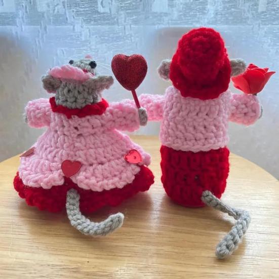 1 пара вязаных крючком мышей, пара мышей, ручная работа, украшения ко Дню святого Валентина, кукла-мышь для стола, каминной полки, прикроватного столика