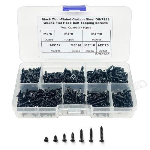 PENGLIN 480-Piece Countersunk Head Self-Tapping Screw Set, M3 3mm, Cross Recess, Carbon Steel, 7 Types, Black, with Storage Case
