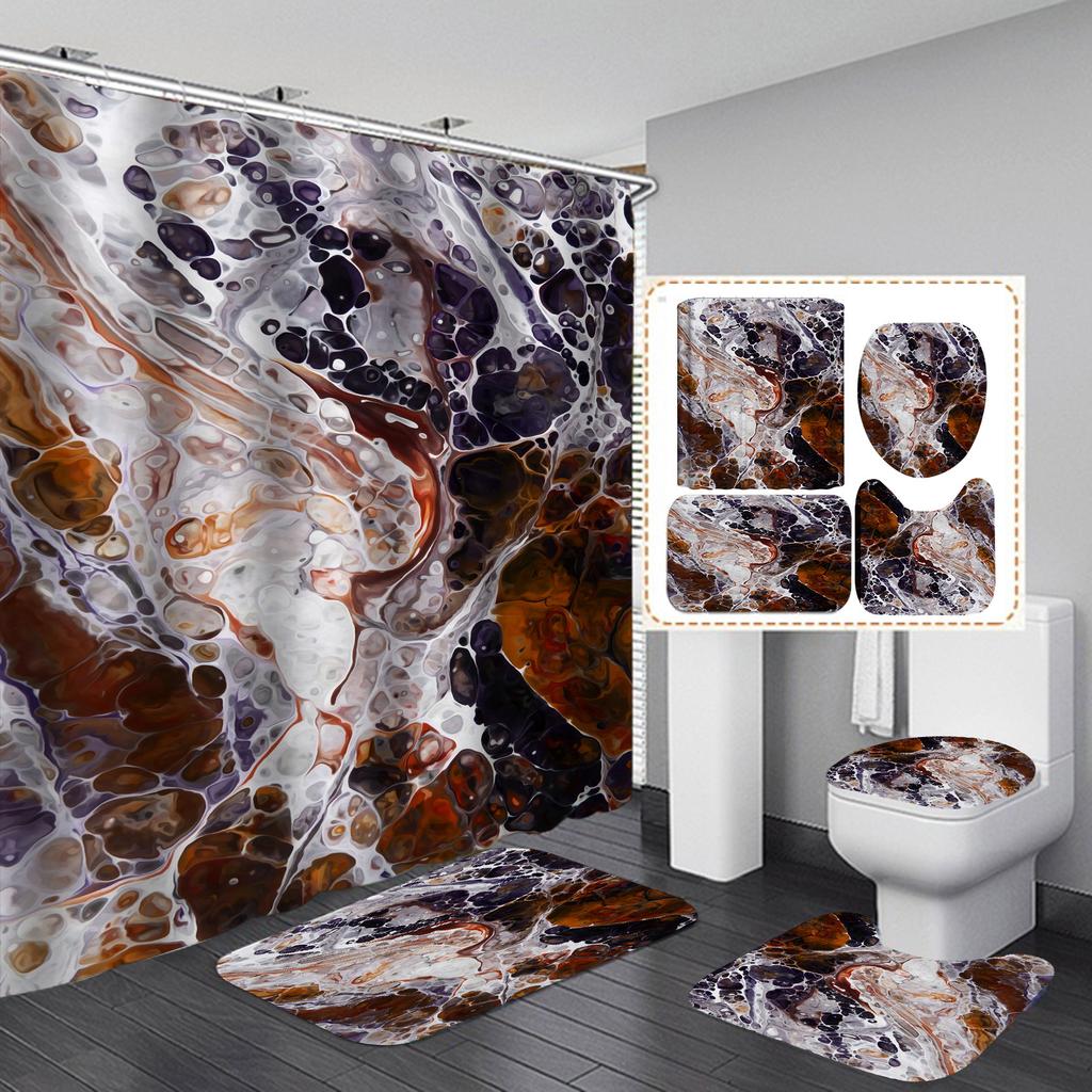 4Pcs Luxury Marble Shower Curtain Sets Bathroom Decor Sets with 12 Hooks Bath Mat Toilet Lid Rug and Non-Slip U Shape Mat