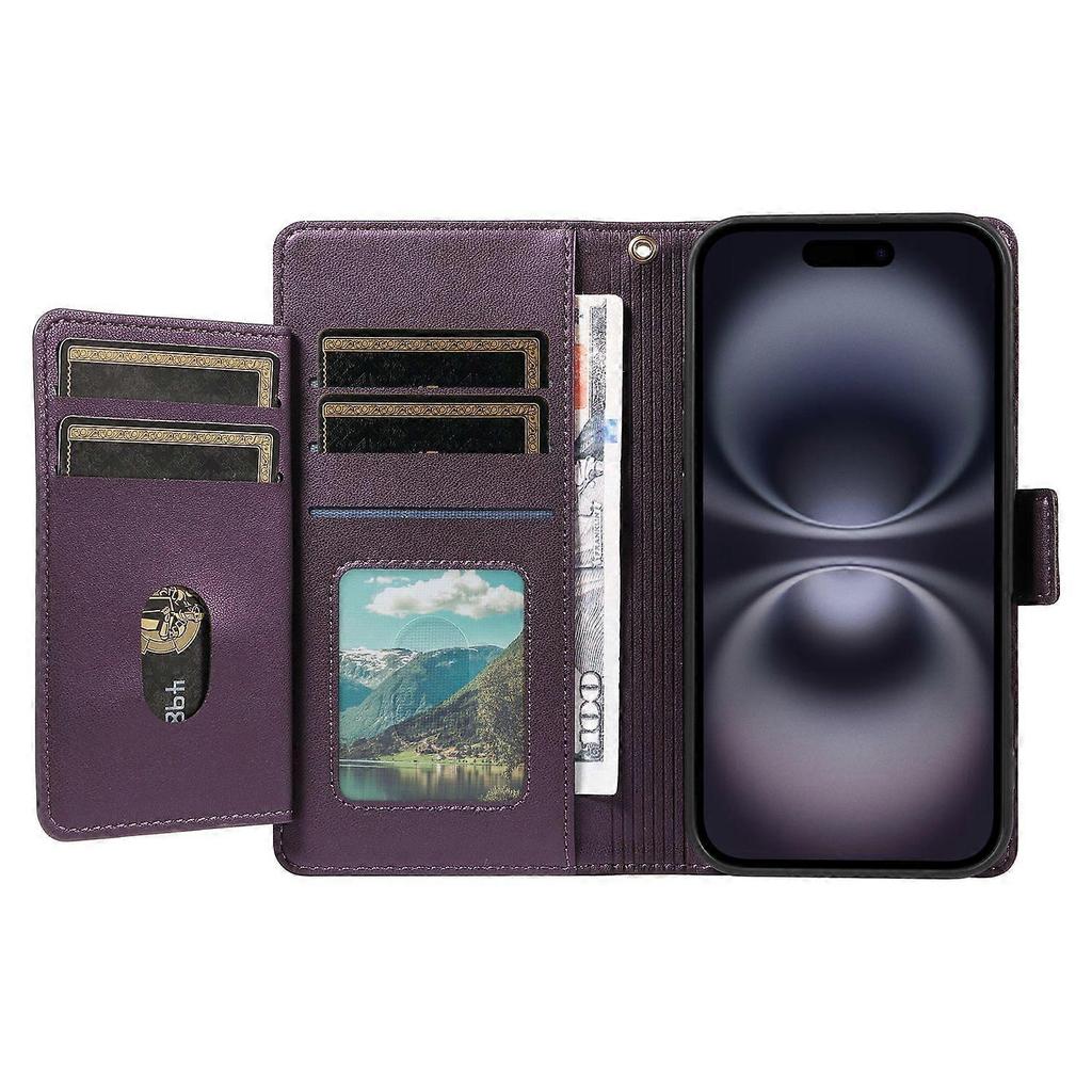 AS For iPhone 16 Plus Case with Card Holder Stand PU Leather Flip Phone Cover - Purple less