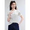VICTORIA&VERA Women's Striped Knit Short Sleeve Top with Gold Buttons