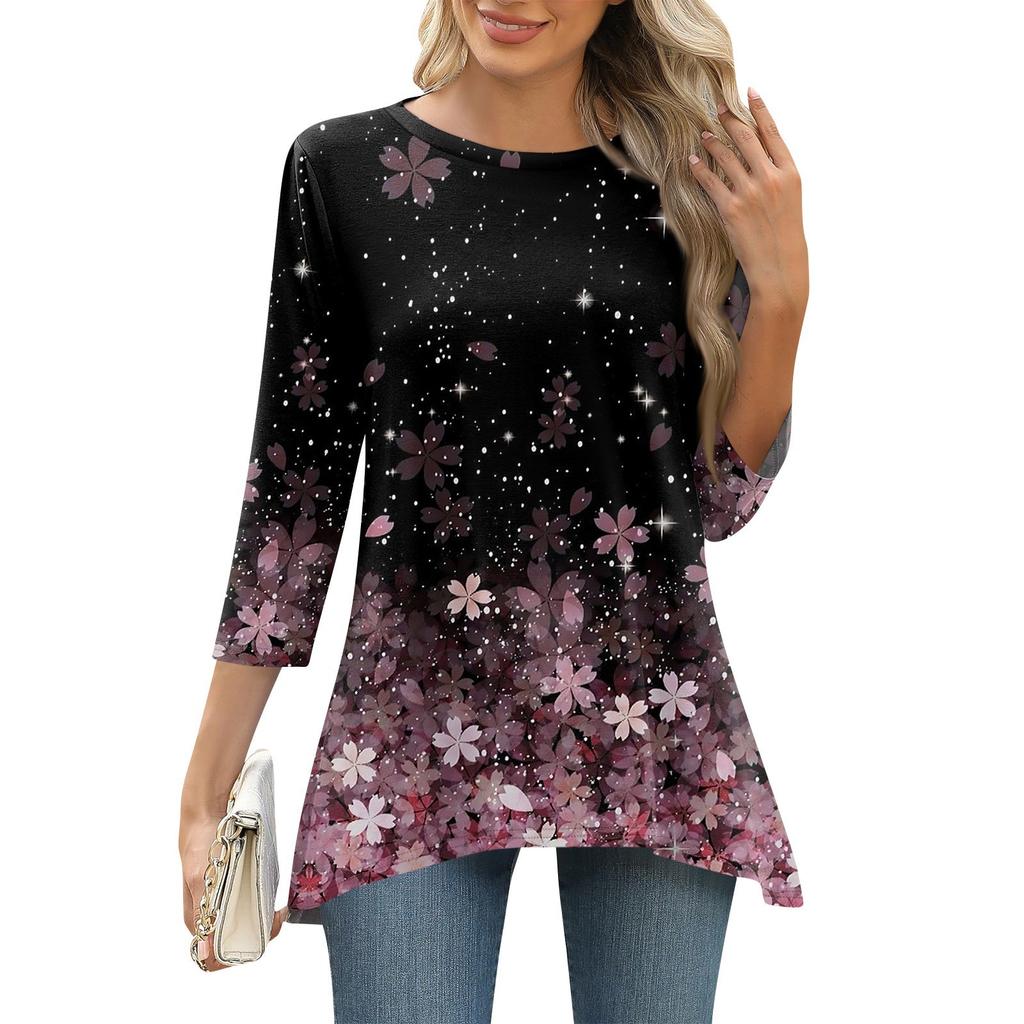 3/4 Sleeve Tunic Tops For Women Printed Daily Weekend Loose Fit Fashion Basic Round Neck T Shirt