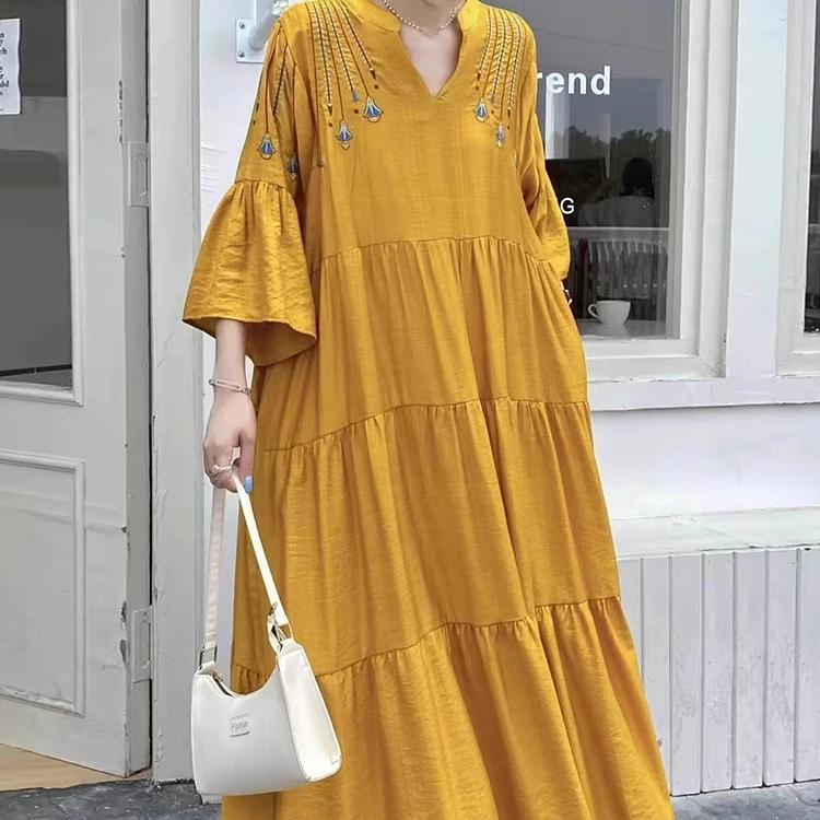 Clothland Женское Элегантное Вышитое Платье V-образный Вырез Расклешенные Рукава Свободный Стиль Цельный Ретро Миди Платья