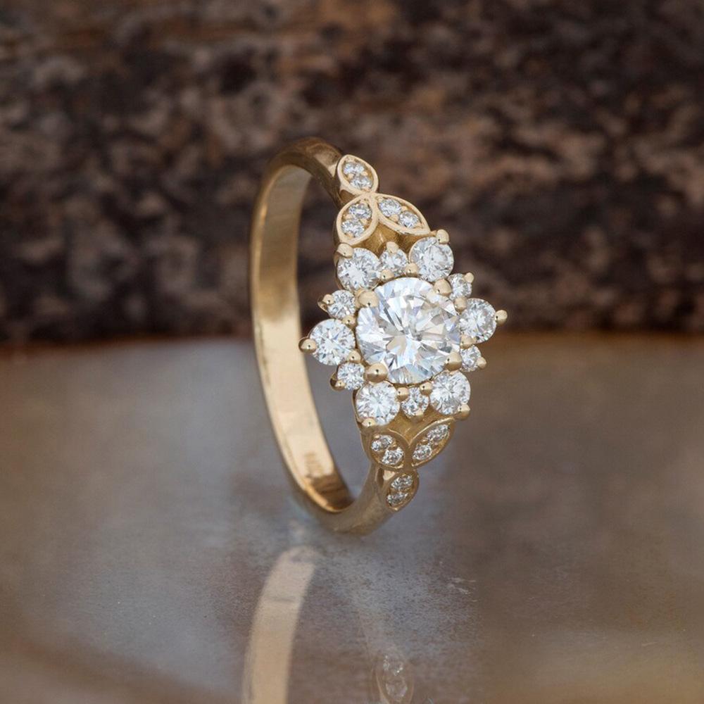 Wish full diamond zircon flower leaf ring simple niche light luxury ring