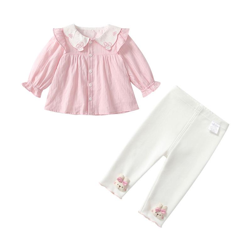 Осенний милый комплект из двух предметов: рубашка с длинным рукавом и воротником-лепестком для младенцев и девочек