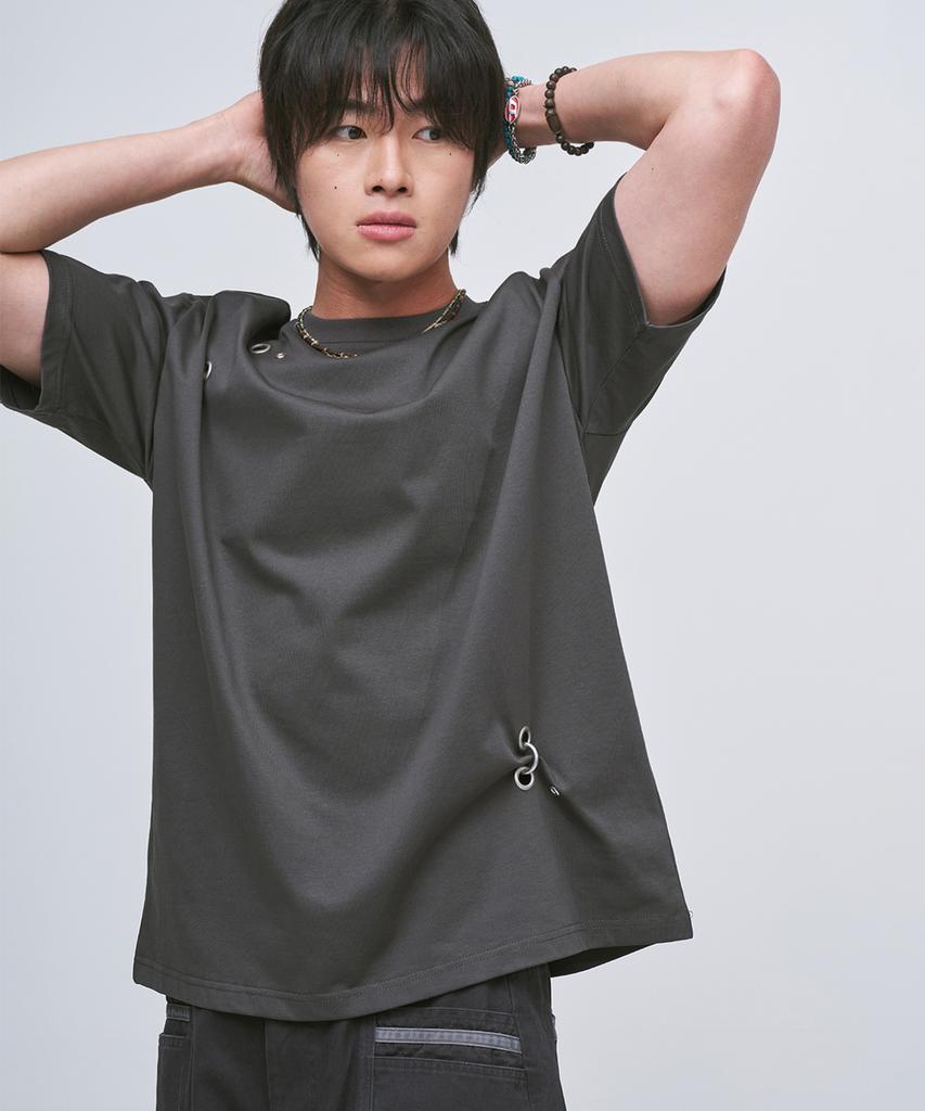 PLACESTUDIOMAN Multi Basic Ring Detail Eyelet Point Oversized Short Sleeve T-Shirt_3 Colors