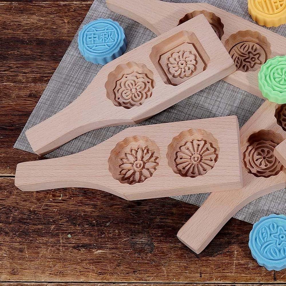 Double Slot Wooden Mooncake Mold Clear Texture Traditional Dessert Press Family DIY Activity