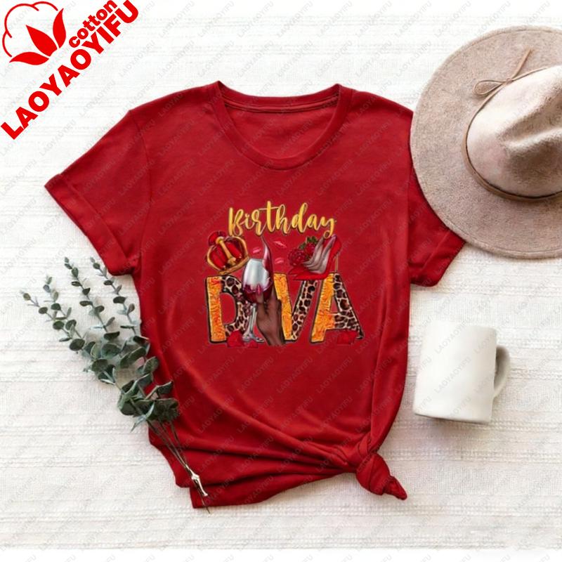 Birthday Diva Printed Tshirt Tops Gift Afro Queen Wounisexs Party High Quality Cotton Shirt For Wounisex Casual Regular Short Sleeve