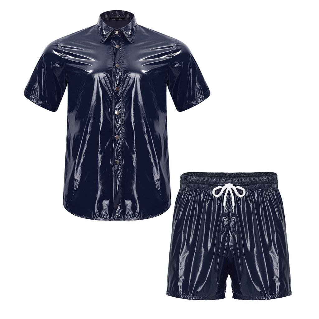 S-3XL Men Waterproof Gym Suit Short Sleeve Lapel T-Shirt Front Button and Elastic Waist Built-in Boxer Briefs for Swimming Wrestling Training