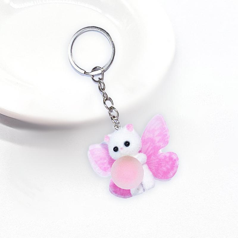 Брелок для ключей с изображением котика, милые розовые крылья бабочки, подвеска в виде кошки для женщин, рюкзаки, автомобильные подвески, аксессуары для брелоков в виде животных