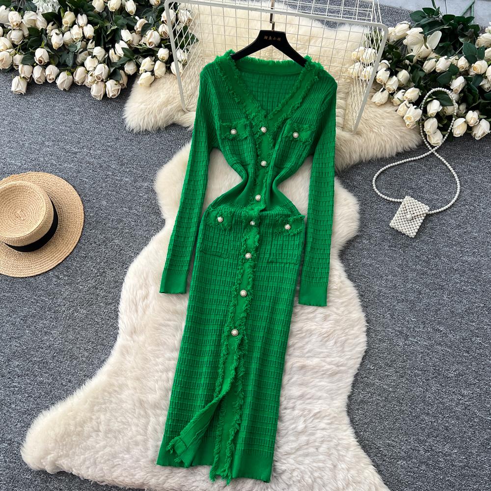 Новые женские платья Осень Зима Винтажное лоскутное вязаное миди-платье Элегантное платье-рубашка-свитер с V-образным вырезом и оборками