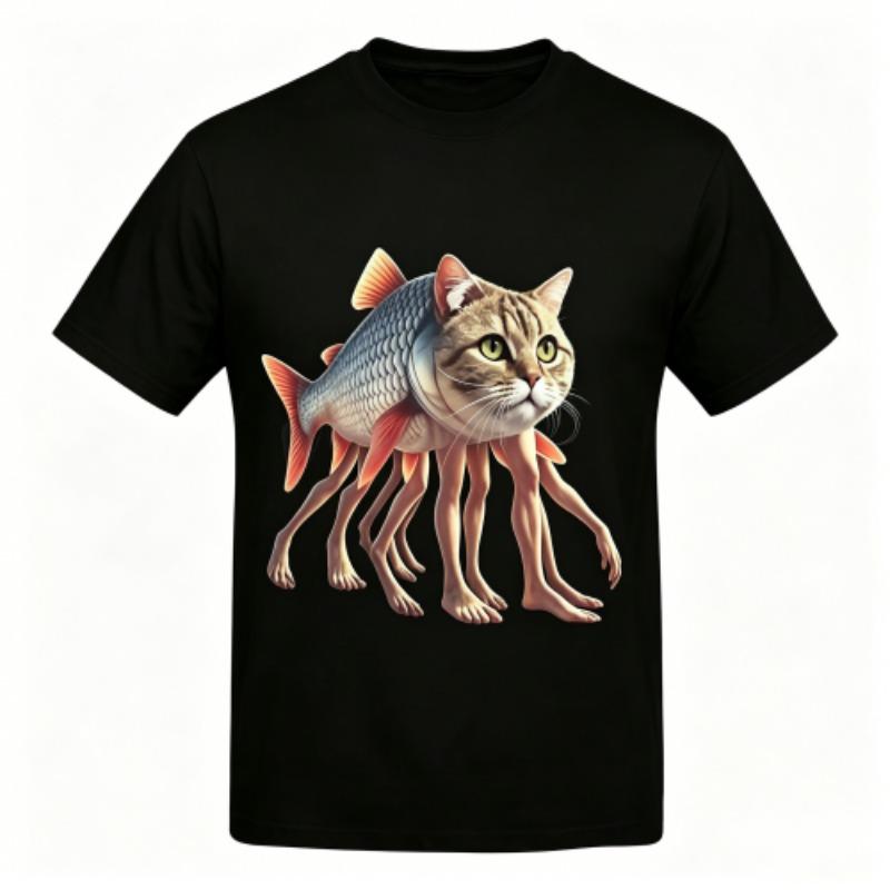 Funny Cartoon Fish Cat Monster Print Men's T-Shirts Summer Fashion Street Outdoor Casual T-shirt Tops for Men's and Women's Tees Top