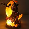 Magical Tabletop Sculpture Halloween Witch on Crescent Moon Decorative Light, Gothic Resin Ornament Lamp, Figurine for Home Spooky Seasonal