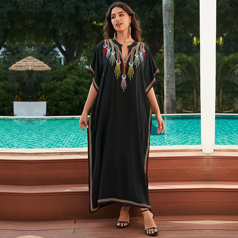 EDOLYNSA 2024 богемное белое бикини с v-образным вырезом, накидки, длинная туника, сексуальное платье-кафтан, женское платье больших размеров, пляжная одежда, купальный костюм, накидка Q1545