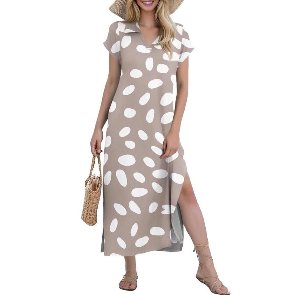 Женские повседневные удобные платья с V-образным вырезом, свободным подолом с разрезом, короткими рукавами, с цветочным принтом, длинные