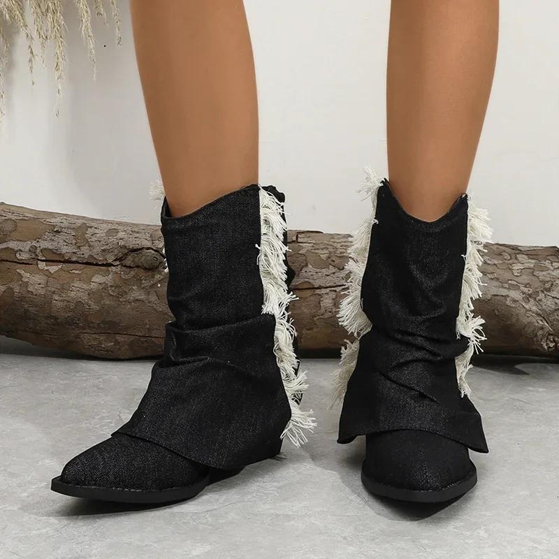 Винтажные толстые каблуки женские джинсовые ковбойские сапоги в стиле вестерн модные туфли без застежек осень-зима женские короткие ботильоны с кисточками