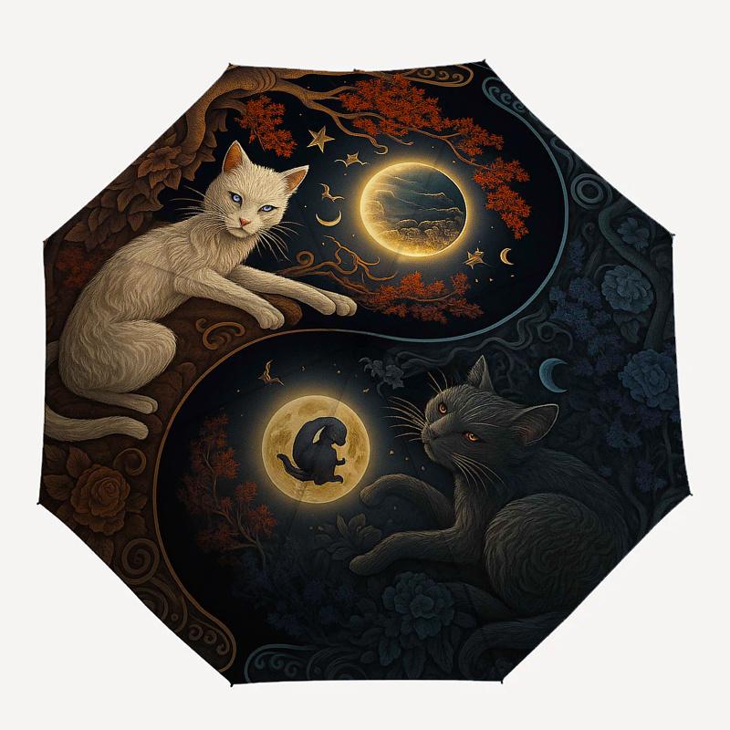 Кошки Инь-Ян: Лунная Гармония Настенное Искусство Зонт, Портативный 3-Складной Компактный Зонт, Рождественский Подарок ES572