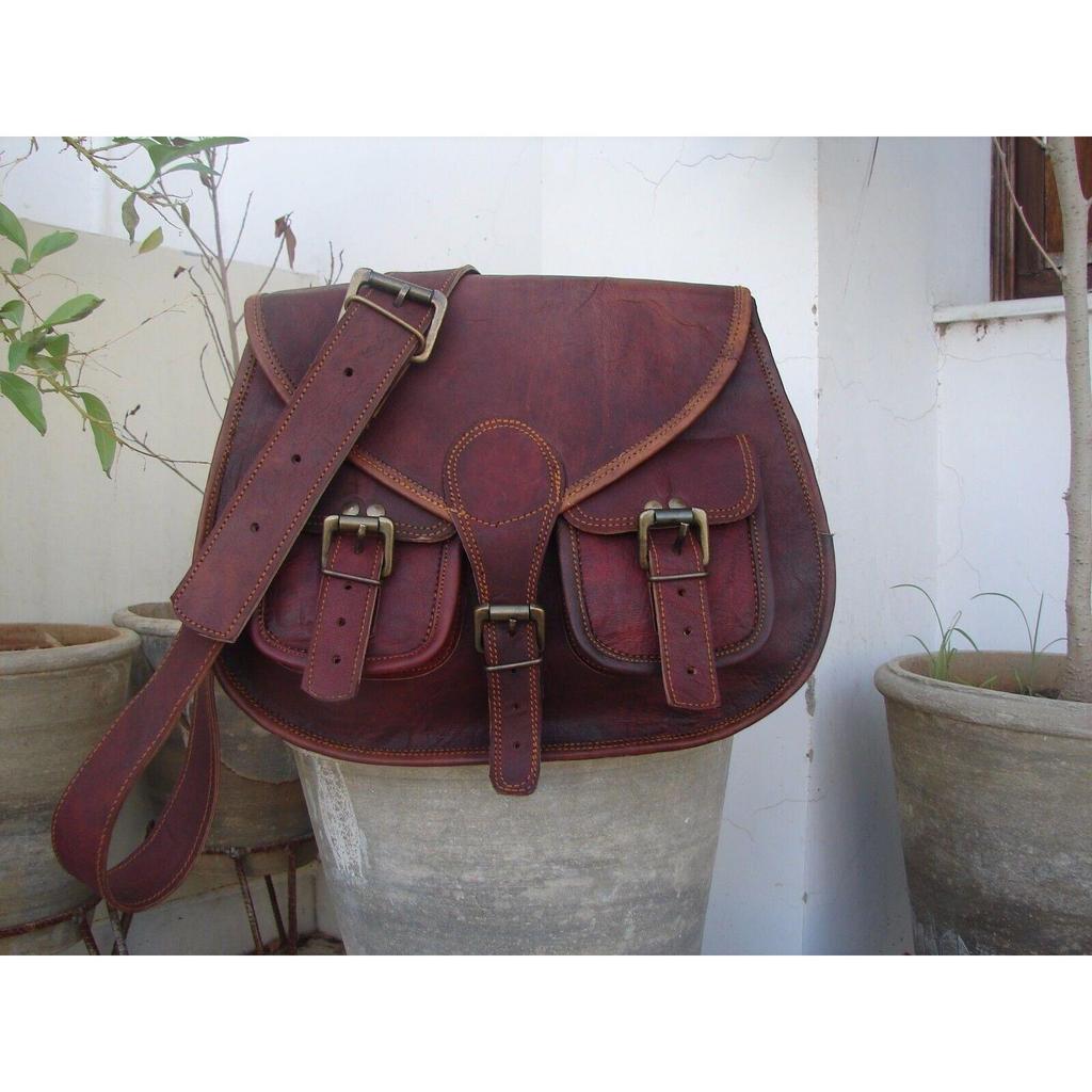 Classic Genuine Brown Handmade Goat Leather Women Crossbody Sling Tote Satchel
