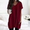 Womens Tops V-neck Short Sleeve Blouses Casual Mid-length Shirts Fashion Print Tunic Tops With Pockets