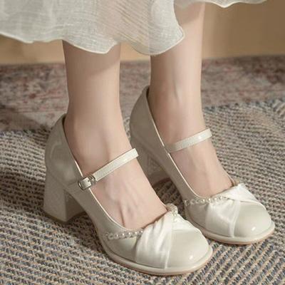 Мода 2024 года, весна и осень, новые туфли на высоком каблуке для активного отдыха, женские однотонные туфли с жемчужной пряжкой, удобные туфли на мелкой подошве