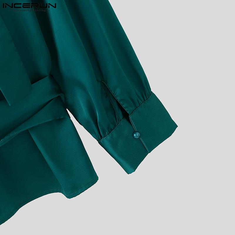 INCERUN Men V Neck Satin Shirts Solid Bandage Casual Party Tops