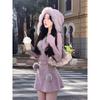 2024 Autumn Elegant Knitted Short Party Dress Women Casual Long Sleeve Sweet Bodycon Y2k Mini Dress Hooded Faux Fur Korean Chic