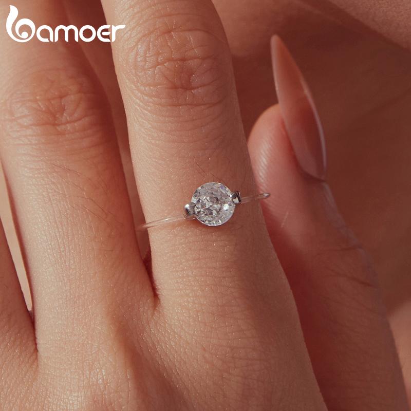 Bamoer Invisible Fishing Line Ring 18K Plated White Gold Minimalist Zircon Rings for Women Party Fine Jewelry