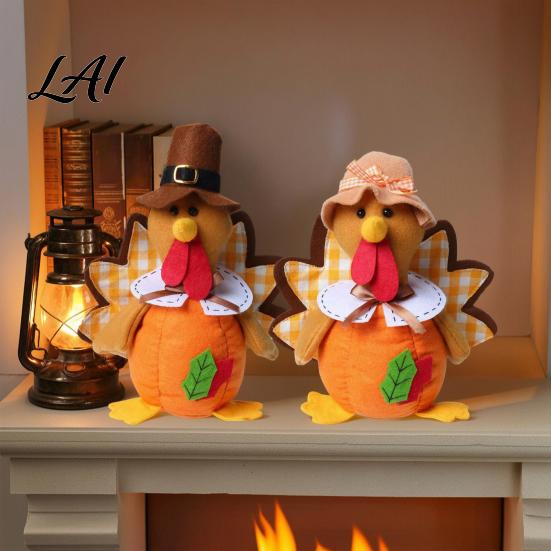 Autumn Harvest Table Centerpiece Thanksgiving Plush Turkey Doll Stuffed Animal Figurine Tabletop Figures Decoration for Home Desktop Tired