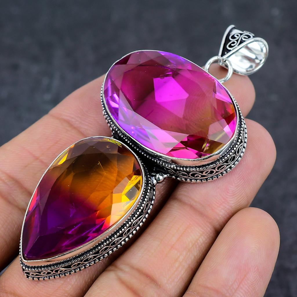 Natural Bi-Color Tourmaline 925 Sterling Silver Jewelry Pendant 3.31" E0b20